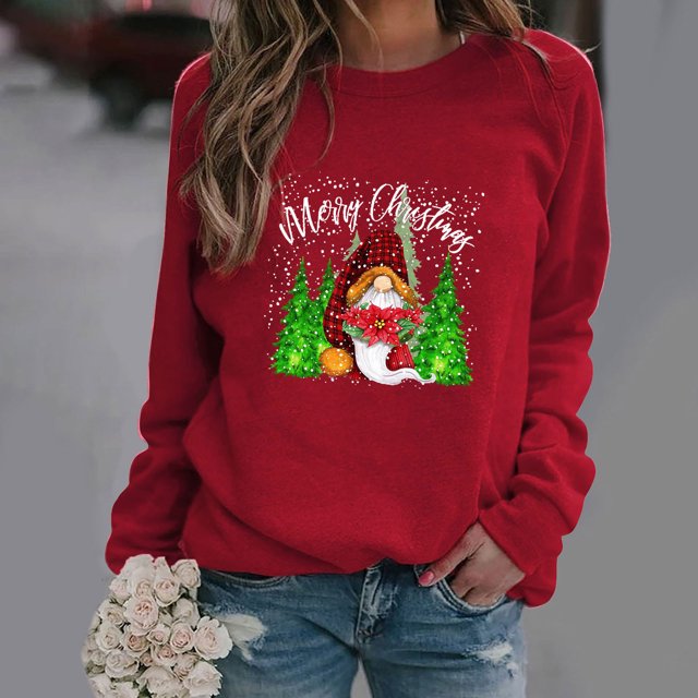 Qertyioot Pull d'Hiver Mode Femme Imprimé de Noël, Manches Longues Col Rond Chaud Ample Tendance Hauts Tricotés