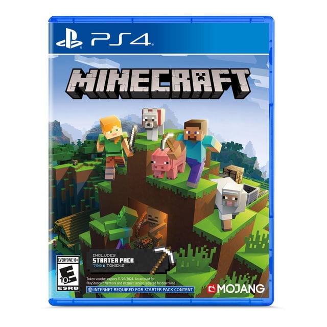 Minecraft Ensemble de Départ (PS4) Étui de Jeu Mettant en Vedette les Personnages Bloquants Emblématiques et les Animaux du Jeu, Incluant un Cochon, un Mouton et un Loup, sur un terrain Gazoné avec une Grotte en Dessous. la Couverture Met en Valeur le Contenu du Paquet de Départ, Incluant 700 Jetons, LittleBigPlanet Mash-Up, Grec Mythology Mash-Up, Skin Pack 1 et City Texture Pack. la Marque PlayStation 4 Est visible en Haut, et le logo Mojang Est Affiché en Bas à Droite