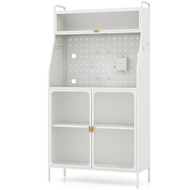 Costway Étagère de Cuisine en Métal à 5 Niveaux avec Panneau Perforé, 8 Crochets, Tablette Réglable à 5 Positions, Blanc