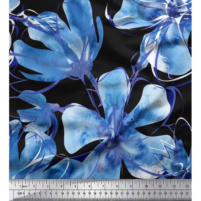 Soimoi Blue Modal Satin Fabric Floral Print Sewing Fabric BTY 42 Inch Wide