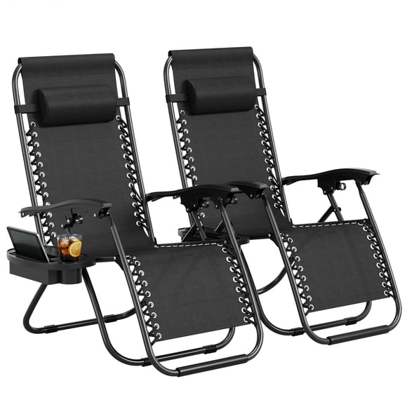Folding Lounge Chair – Portable Recliner for Beach, Camping & Patio – Cup Holder Trays & Adjustable Pillow – Poolside, Garden, Backyard & Lawn
