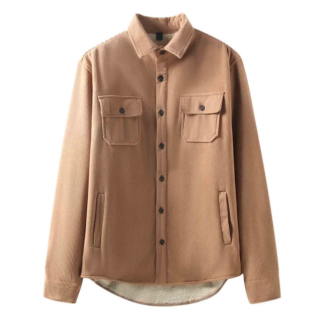 Lovzfmll Men's Shirt Jacket Button Front Fleece Lined Pocket Detail Solid Color Khaki, L