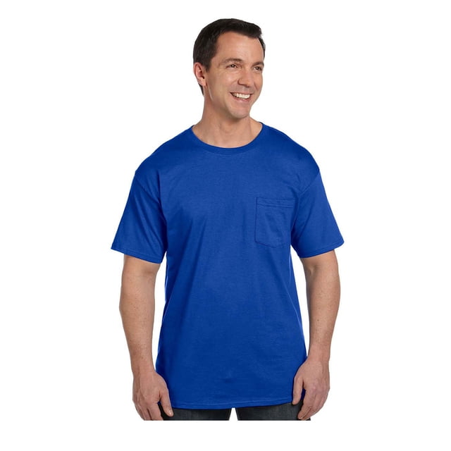 Hanes Beefy-T T-Shirt à Poche de Couleur Bleu Vif, Présentant un Col Rond Classique et une Poche Poitrine Unique. Fabriqué en Coton 100 % Filé à l'Anneau Pré-Rétréci avec un Poids de 6,1 Oz/yd2 pour la Durabilité et le Confort. Étiquette Noire Transition vers Étiquette Détachable.