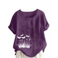thumbnail image 3 of QATAINLAV Hauts en Coton et Lin pour Femmes 2025 Col Rond Manches Courtes Retroussées T-Shirt Tendance à Imprimé Floral Blouse Décontractée Coupe Ample Tenues de Vacances Mes Commandes Passées par Moi Violet XXXXXL, 3 of 5
