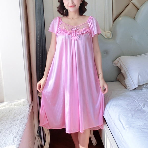 Sakmal Casual Moomoo Nightgowns for Women Pink Silky Knee Length Mumu Dress Short Sleeve Floral Nightgowns for Women
