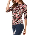 thumbnail image 4 of INSPIRE CHIC Hauts pour Femmes Non Doublés Col Rond Manches au Coude Coupe Ajustée T-Shirt Décontracté S Noir-Floral, 4 of 7