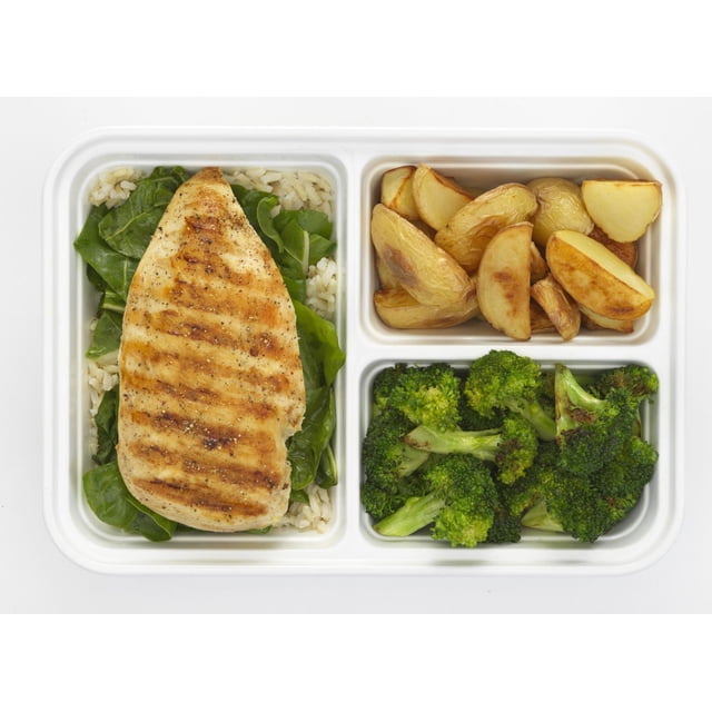 Contenant de Préparation de Repas Grand avec Trois Compartiments Tenant une Poitrine de Poulet Grillée sur des Épinards et du Riz, des Quartiers de Pommes de Terre Rôties et du Brocoli Cuit à la Vapeur, Convient à la Planification des Repas et au Contrôle des Portions, Va au Micro-Ondes, au Congélateur et au Lave-Vaisselle.