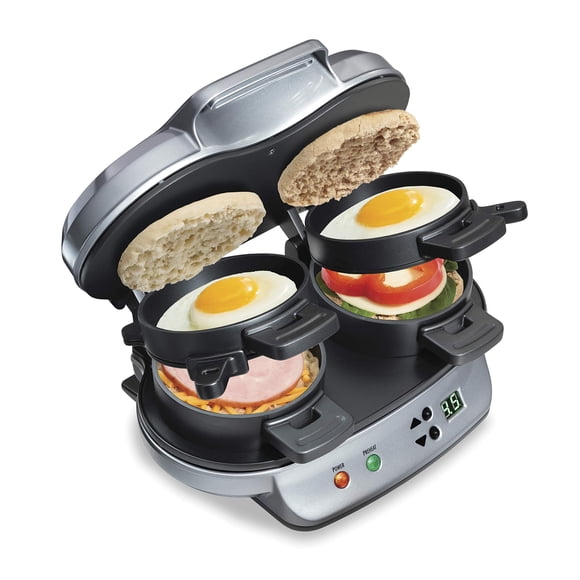 Hamilton Beach Dual Breakfast Sandwich Maker with Timer, Ready in 5 Minutes, Removable Dishwasher Safe PFAS-Free Non-Stick Egg Cooker Ring, Silver (2