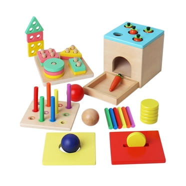 Object Permanence Box, Wooden 5 in 1 Play, Wooden Toy Box Set Developmental Toy Sorting Stacking Pulling Carrots Games for 1 2 3 Year Old
