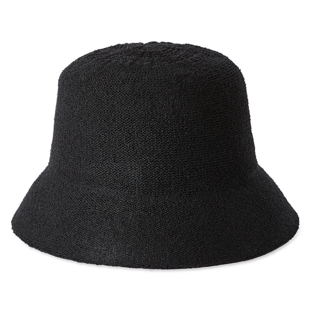 Time and Tru Chapeau Bob pour Femme en polyester Noir Uni avec Fini Texturé, avec Grand Bord et Dessus Plat pour protection Solaire, Montré Orienté vers l'Avant sur Fond Blanc, Idéal pour une Tenue Décontractée et des Activités de Plein Air comme des Journées à la Plage Ou pour Faire des Courses.