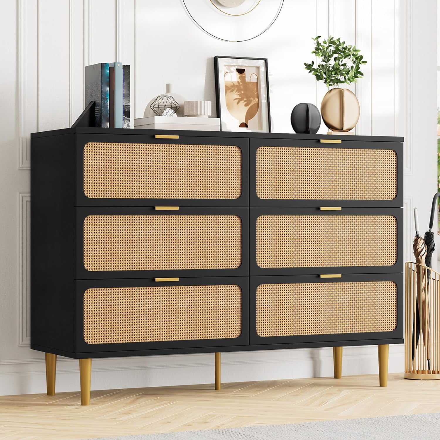Rattan Dresser with 6 Drawers, Tall Modern Closet with Deep Storage, Large Chest of Drawers with Wide Top, Long Wooden Dresser for Bedroom, Living Room, Hallway, Kids Room, Black