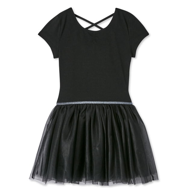 George girls' short sleeve tutu bodysuit in black with a crew neckline, short sleeves, cross-back spaghetti straps, and elasticized legholes. It features a gathered mesh tutu skirt overlay with a glitter waistband, made from soft jersey and mesh fabrics, ideal for dancewear and activewear.