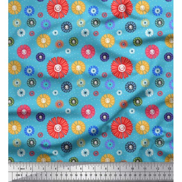 Soimoi Blue Moss Georgette Fabric Dots & Aster Floral Printed Fabric 1 Yard 42 Inch Wide