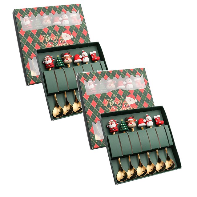Oleegame 2PC Stainless Steel Cutlery Set Christmas Tableware Set Stainless Steel Spoon Gift Set Dessert Spoon Fork Coffee Spoon Christmas Pendant Spoon Tableware Set Gift