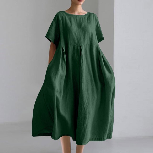 Amzcrzy Robes d'Été pour Femmes Grande Taille P-5TG Tendance Couleur Unie Col Rond Robe de Printemps Décontractée Ample Manches Courtes Robes d'Été pour Femmes Robe Midi en Coton et Lin