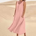 thumbnail image 2 of BiZtdJrK Robe Débardeur Bohème pour Femmes Été Sans Manches en Lin Robe de Plage Unie Col Ras du Cou Plissée Décontractée Robes d'Été avec Poches, Rose, P, 2 of 8