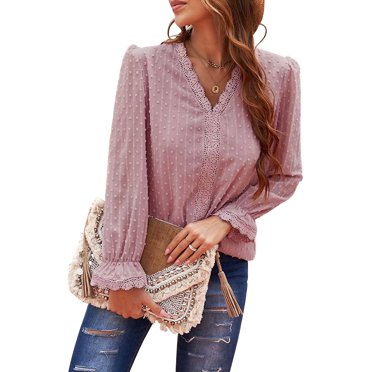 T-Shirt Femme Couleur Unie T-Shirt en Dentelle Manches Longues Col en V Haut Blouse Décontractée Manches Longues, Rose, TG