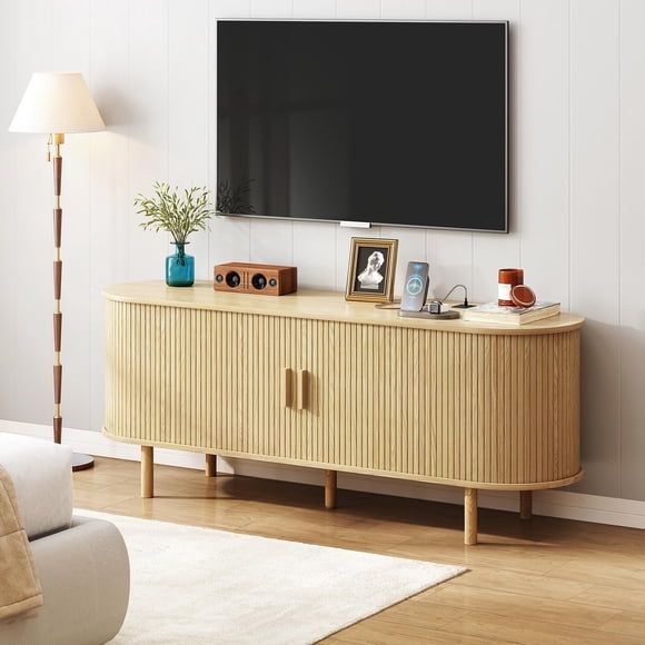 MARNUR Meuble Télé de 55 Pouces pour Télé de 60 Pouces, Centre de Divertissement en Bois avec Rangement et Étagères, 2 Portes Tambour Coulissantes, Style Mi-Siècle Moderne, Chêne