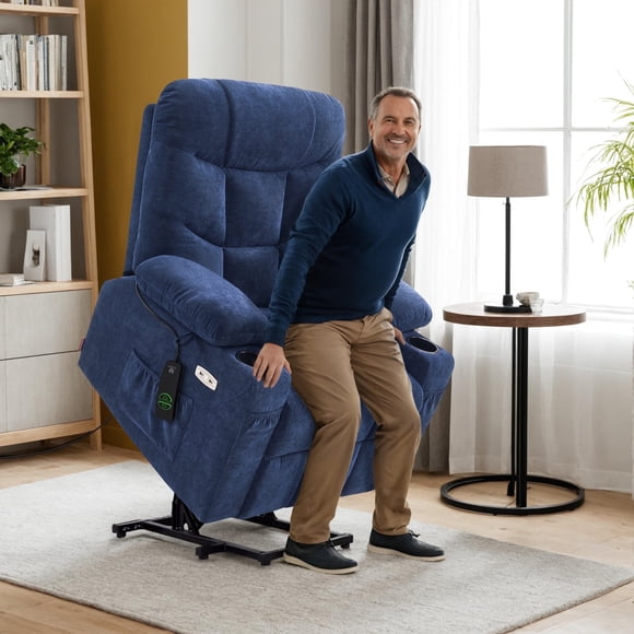 MCombo Fabric 7287 Recliner Chair for Elderly, Power Lift, Extended Footrest, Navy Blue