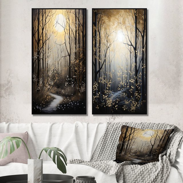 Designart "Forest Tree Monochrome Moonlit Forms II" Tree Monochrome Framed Wall Art Set Of 2 - Gold Floral Framed Canvas Set For Living Room Decor