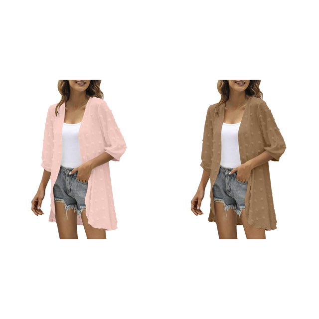 (2-Pack) Kcodviy Women Casual Cardigan Three Long Loose Cardigan Quarter Sleeve Open Front Comfy Sweater Lightweight Dots Cardigan Draped Evening Cardigans for Women Ruffles Cardigan