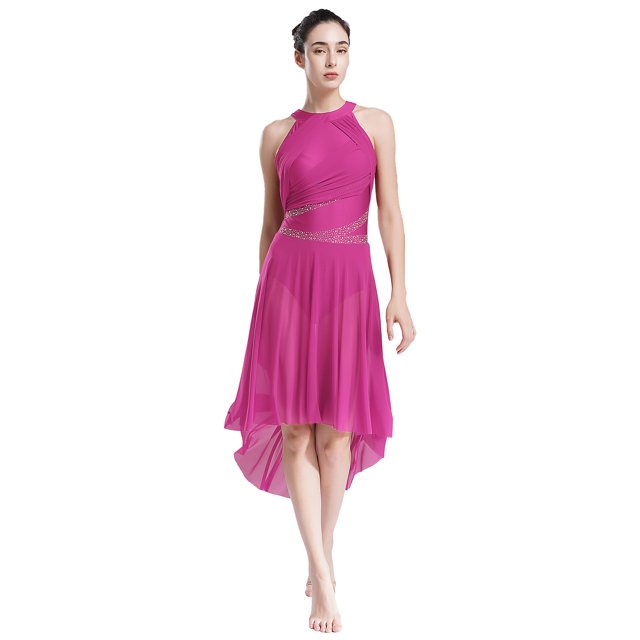 RUNQHUI Costume de Danse Lyrique pour Femme Robe Asymétrique Froncée avec Strass Justaucorps à Jupe de Danse Moderne Rose Vif m
