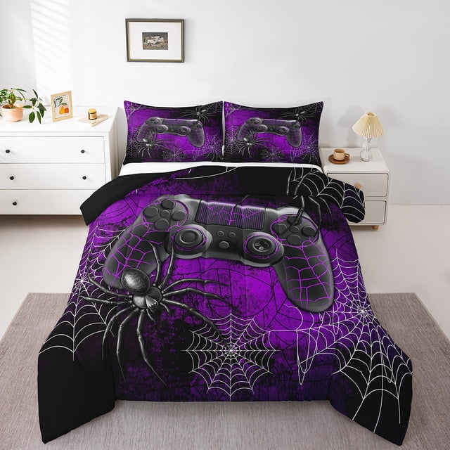 Erosebridal Boys Gamepad Bedding Twin Comforter Set,Video Game Down Comforter,Spider Web Decor,Reversible,2-Piece