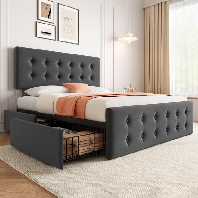 Cadre de Lit avec 4 Tiroirs de Rangement et Tête de Lit Réglable, Base de Matelas Rembourrée en Lin Doux pour la Peau, Aucun Sommier Requis