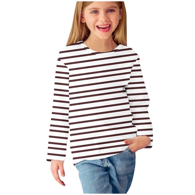 MeetoTime Chemises à Manches Longues pour Filles, Col Rond Rayé Imprimé, Blouses Décontractées et Élégantes, Pull pour Enfants 3-14 Ans