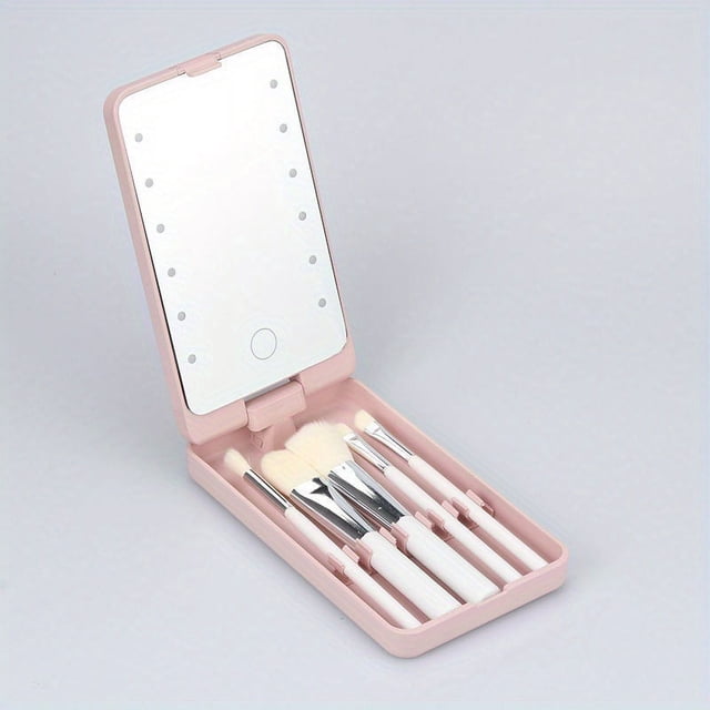 DEBGFS Portable Makeup Brush Set - Travel Makeup Brushes & Tools with Rotating Mirror Touch Control LED Lights Compact Storage Case Perfect for Daily Use and Travel Stylish Design Id,Pink