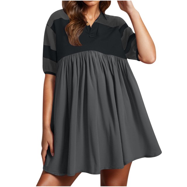 Ovzne Robes pour Femmes Robe pour Femme Robes d'Été pour Femmes Surdimensionnées Décontractées à Manches Courtes à Blocs de Couleur à Col à Revers à Col en V Chemise Fluide Robe Courte Robe pour Femmes à Manches Courtes Liquidation