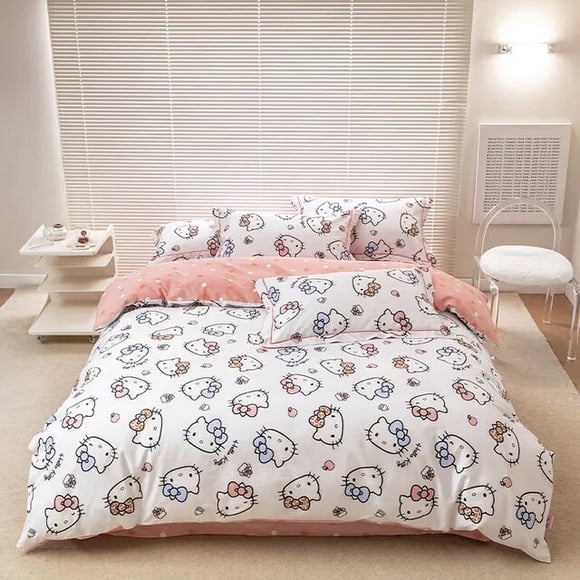 Sanrio Hello Kitty Bedding Set 100%cotton Duvet Cover Bed Sheet Pillowcase Bedsheet Single King Queen Twin Size Home Textile