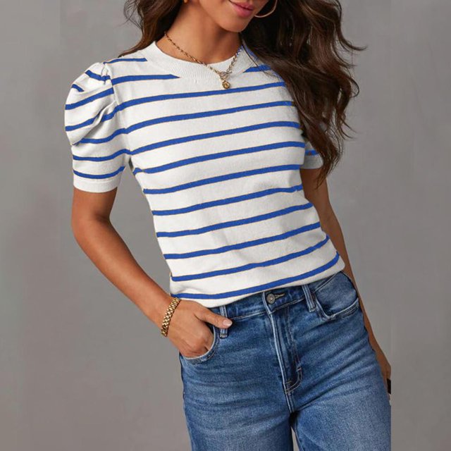 SDNall Femmes Manches Courtes Tricot Tops à la Mode Col Ras du Cou Rayé T-Shirts d'Été Casual Chemisiers