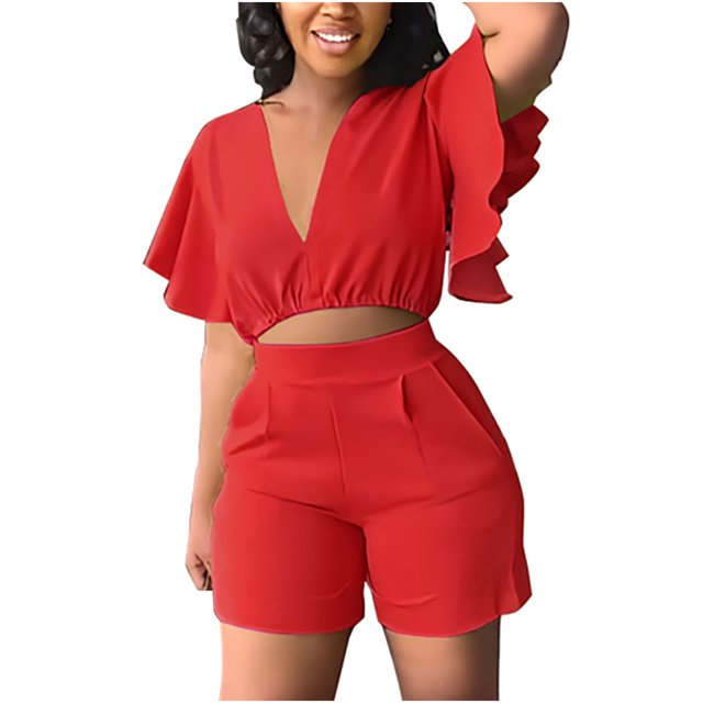 Mikilon Womens Oversized Stylish Outfits 2 Piece Set Ruffle Short Sleeve V-Neck Top Casual Shorts Summer Plus Size Suit Ruffle Short Sleeve V-Neck Top Casual Shorts Summer Plus Size Suits Red S