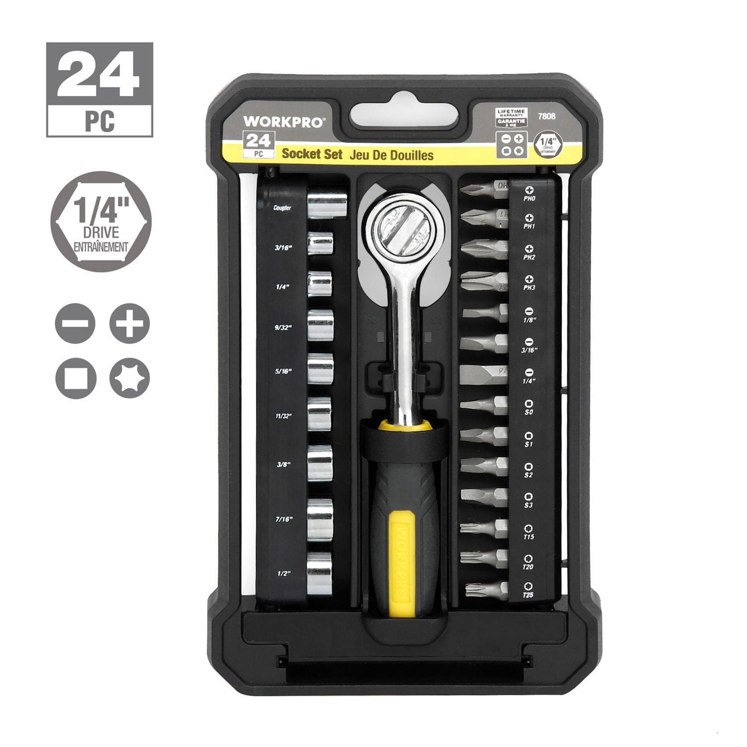 WorkPro 24-Piece 1/4" Drive Socket Set,Ratchet Handle,Screwdriver Bits