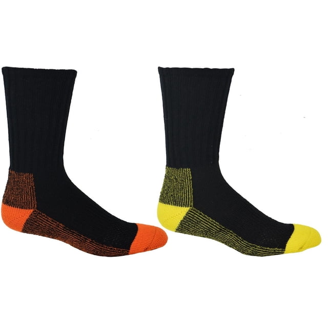 Mens Workload 4-Pack Work Socks with two black crew-length socks shown, each featuring reinforced heel and toe in orange and yellow, ribbed cuffs, cushioned soles, and arch compression for a secure fit, suitable for everyday wear and light work tasks.