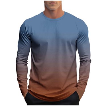 zfhfof Shirts for Men Long Sleeve Casual Loose Gradient Color Print Crewneck Basic Sweatshirt Lightweight Gym Workout Pullover Tops