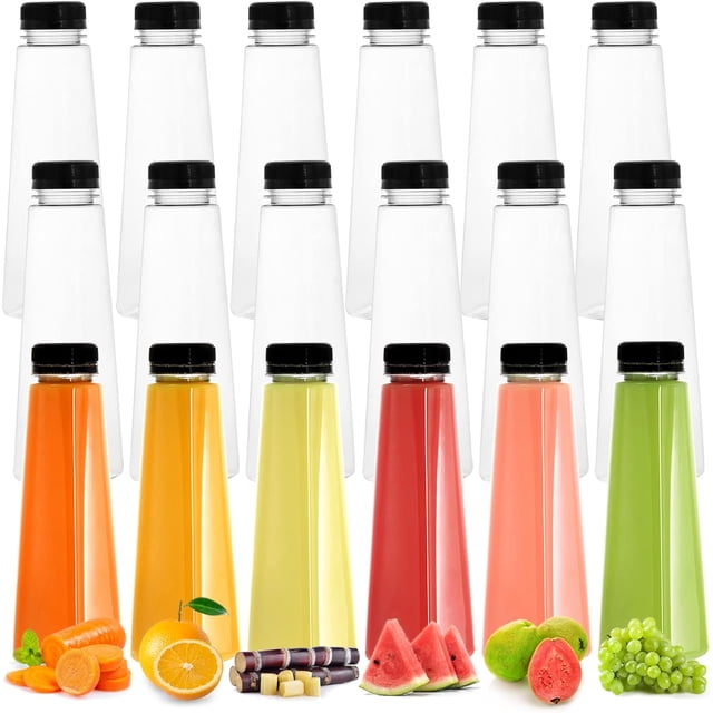 GFDYREE 18 pack plastic juice bottles, each with a 12 oz capacity, featuring a clear pyramid-shaped design with black tamper-evident caps. These reusable beverage containers are made of food-grade PET plastic, freezer-friendly, and resistant to temperatures from -40℉ to 140℉. The bottles have a 2.4-inch bottom diameter, 7.5-inch height, and 1.5-inch open diameter, making them ideal for storing juices, smoothies, milk, and other beverages. The image shows a mix of empty and filled bottles with vibrant liquids, alongside fruits like oranges, watermelons, and grapes, emphasizing their use for fresh drinks. Perfect for personal use, parties, or starting a juice business.