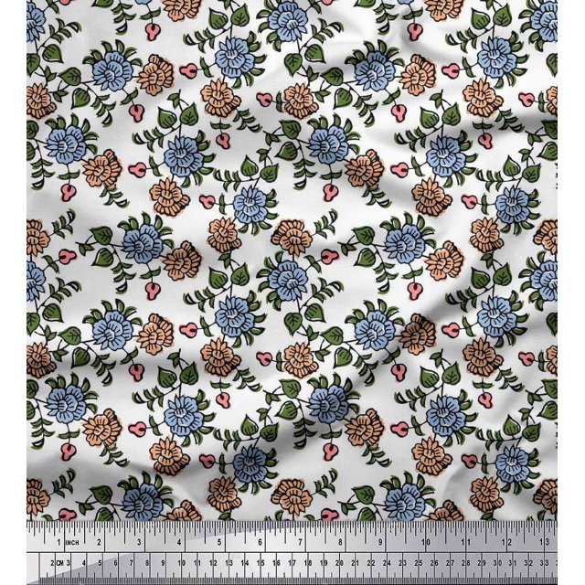 Soimoi Poly Georgette Fabric Leaves & Floral Block Print Fabric by The Yard 42 Inch Wide