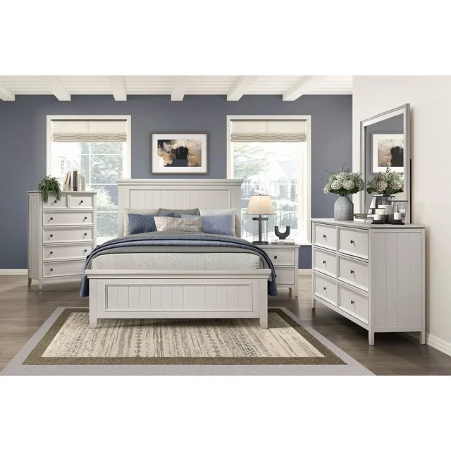 Classique Finition Blanche 5pc Set Très Grand Chambre Lit Chevets Commode Miroir Meubles en Bois