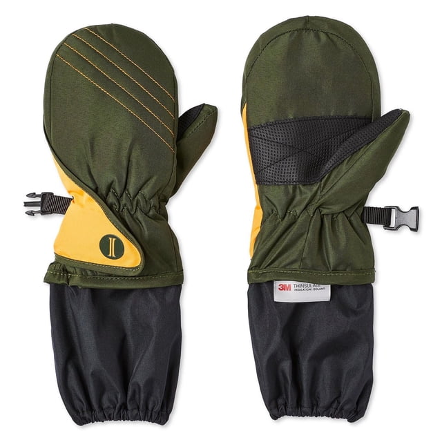 Toddler boys' Igloos ski mittens in green and yellow with black elastic cuffs, equipped with 3M Thinsulate insulation for warmth.