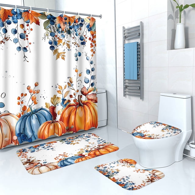 SIfdSeng Get it Fast Thanksgiving Pumpkin Shower Curtain Mat 4 Piece Set