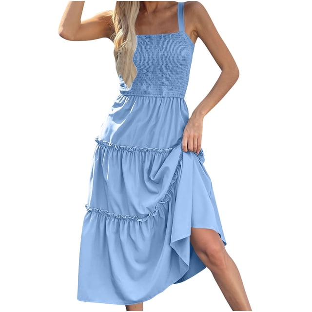 Timegard Robes d'Été pour Femmes Sans Manches à Volants Col Carré Couleur Unie Robe d'Été de Plage Décontractée Smockée