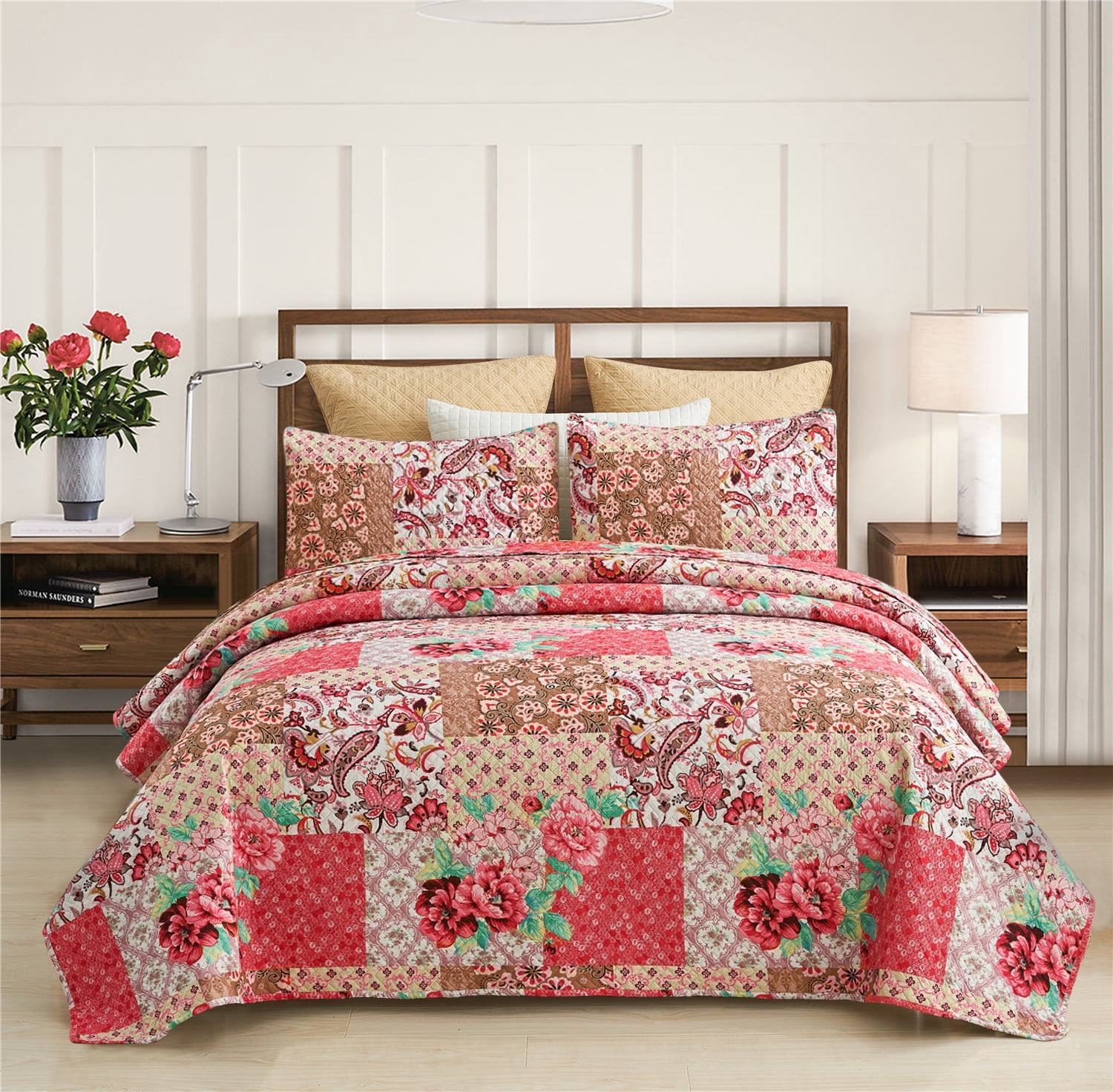 JML Quilt Set 3 Piece, Embossed Bedspread Bedding Set With 2 Shams, Queen, Pink & Green