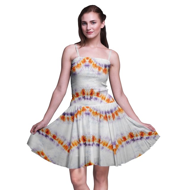 Bimba Robe d'Été Sans Manches Mini Fluide Teinture sur Nœuds pour Femme, Robe Soleil à Imprimé Floral - X-Grand