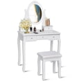 thumbnail image 1 of Gymax Coiffeuse de Salle de Bain en Bois avec Miroir, Ensemble Tabouret et Table, Blanc, 5 Tiroirs, 1 of 10