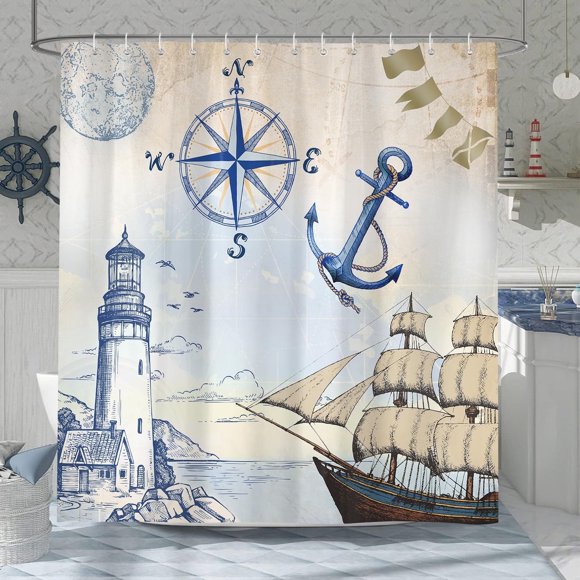 Rideau de Douche Phare Nautique, Rideaux de Salle de Bain à Thème Océan Rétro avec Boussole, Voilier et Ancre, Ensembles de Rideaux de Douche en Tissu Polyester Imperméable avec Crochets, 72 x 72 Pouces