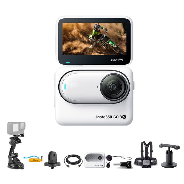 Insta360 GO 3S (White) 64GB Tiny Mighty 4K Action Vlogging Camera displayed with its accessories. The compact, lightweight camera features a sleek Arctic White design, a lens on the front, and a flip-up screen showing a motorbike action scene. Accessories include a suction cup mount, floating handle grip, strap, rotation clip, wrist strap, monopod, bicycle handlebar mount, head strap mount, and more, offering versatile mounting options for action and vlogging needs.
