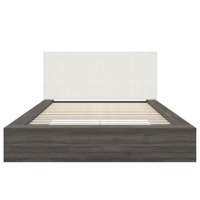 Bardot Lit Plateforme Format Grand avec Tête de Lit Rembourrée Comprenant un Lit Plateforme Grand Orienté vers l'Avant avec une Tête de Lit Rembourrée en Tissu Bouclé Blanc Cassé et un Cadre en Bois Fini Chêne Foncé avec Lattes en Bois pour Soutien de Matelas, Convient aux Meubles de Chambre Modernes et aux Installations de Lit Plateforme.