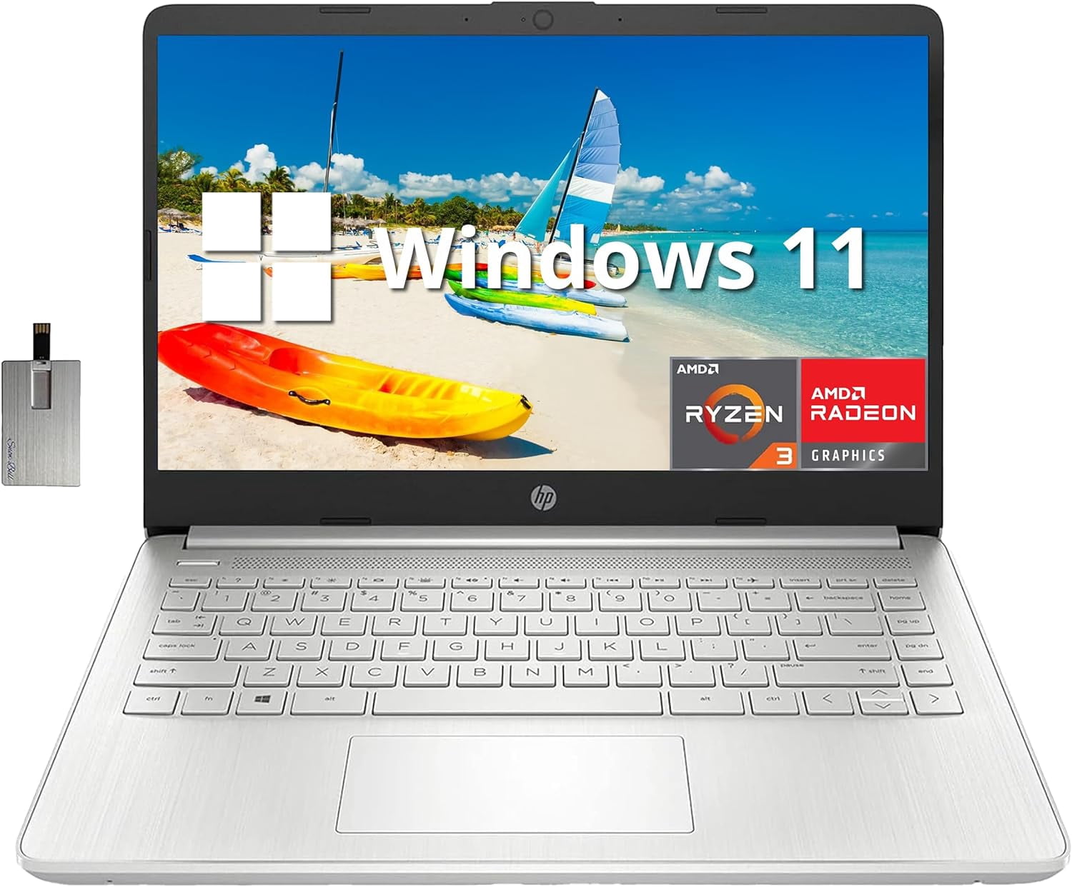 HP Portable 14 Pouces FHD IPS pour Affaires et Étudiant, Processeur AMD Ryzen 3 3250U, 8 Go RAM, SSD PCIe 256 Go, Graphiques AMD Radeon, Caméra Web HD, Wi‐Fi, Bluetooth, Windows 11 S, Argent, Carte USB Hotface 32 Go